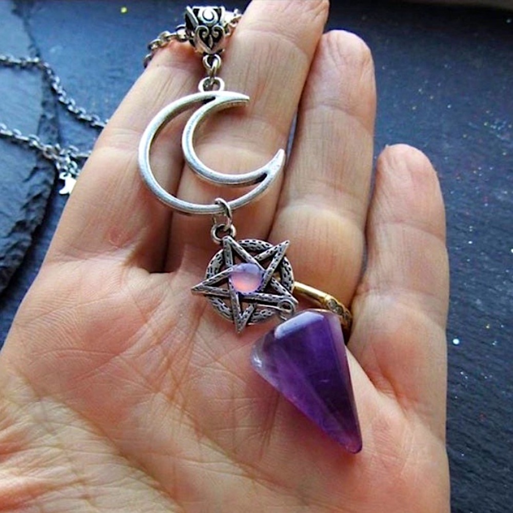 Purple Amethyst Pendulum Crescent Moon Necklace Jewelry New Witch Boho Magic